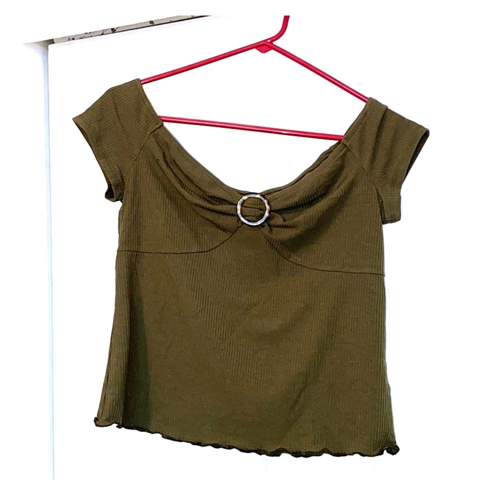 Olive green Crop-top w/ circular leopard charm.